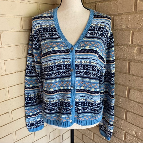 VINTAGE Eddie Bauer Women Cotton Sweater Fair Isle Cardigan V Neck 90s Sz Large - Picture 1 of 7